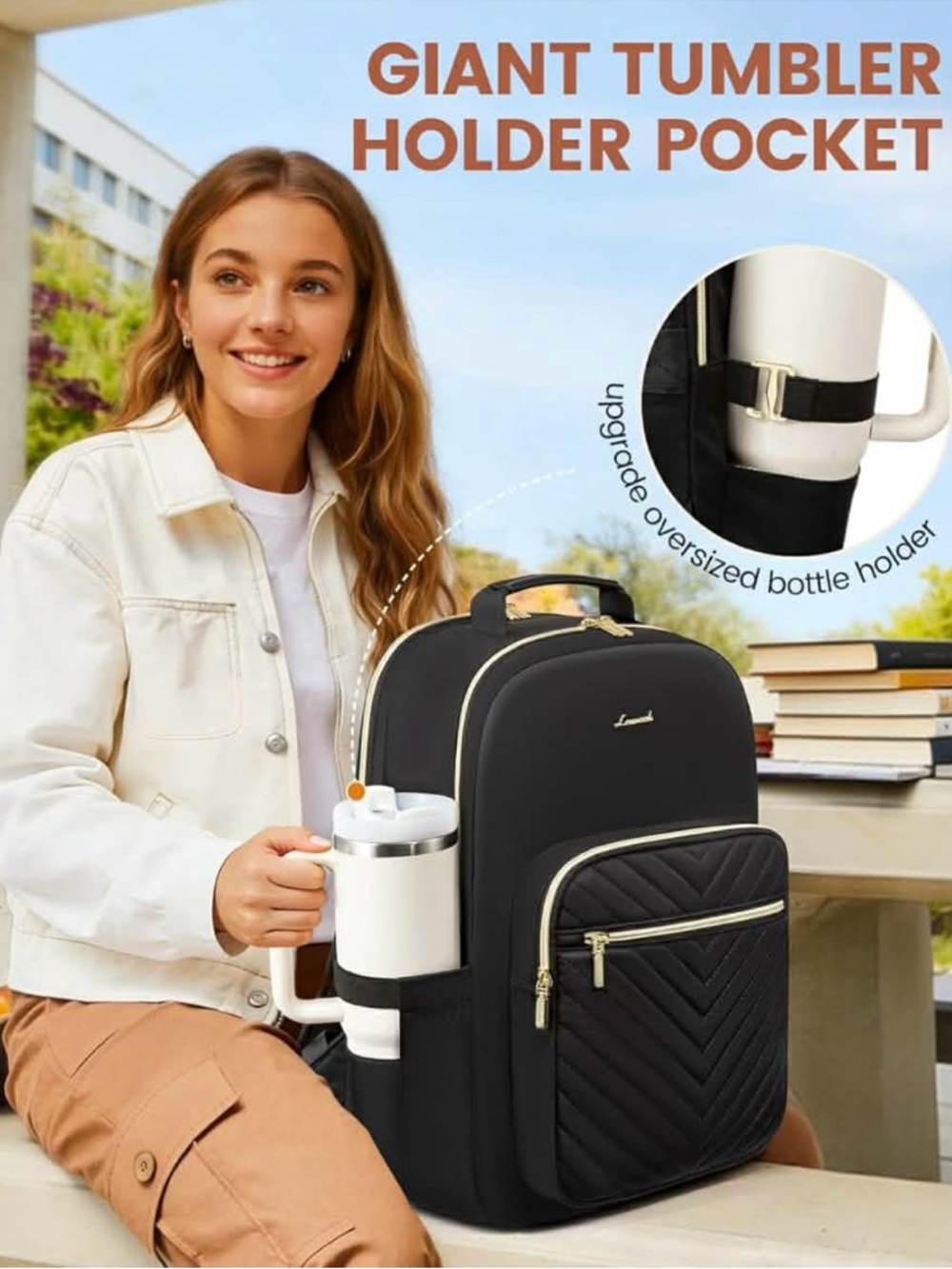 Lovevook Black Quilted Laptop Backpack with Giant Tumbler Holder - Picture 7 of 9